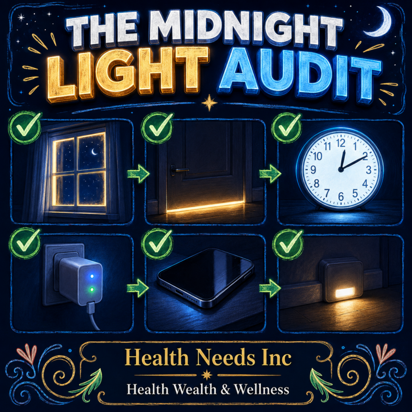 Checklist of common bedroom light leaks and a safe low night-light option.