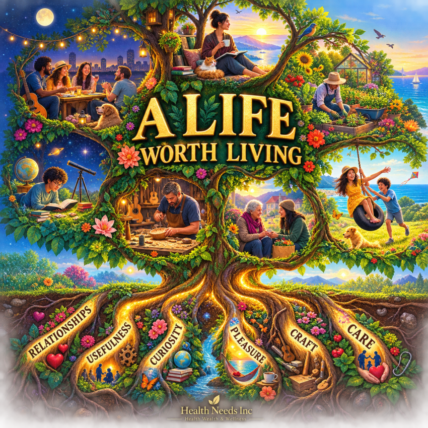 Tree of meaningful living rooted in relationships, usefulness, curiosity, pleasure, craftsmanship, and care