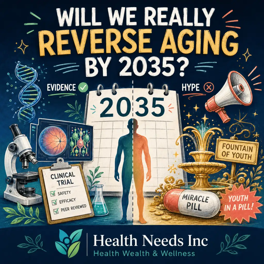 a human silhouette split between cellular rejuvenation evidence and exaggerated fountain-of-youth marketing