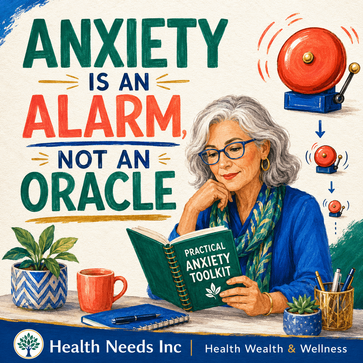 Person moving forward with an anxiety alarm in a manageable role.