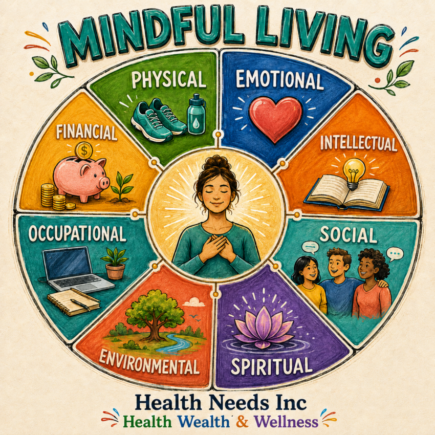 Eight-dimension wellness wheel showing how mindful attention supports physical, emotional, intellectual, social, spiritual, environmental, occupational, and financial life.