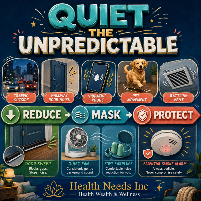 Bedroom sound-control map prioritizing source reduction, masking, and essential alarm safety.
