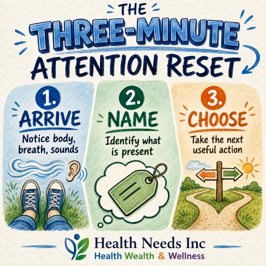 Three-minute mindful attention reset showing the steps arrive, name what is present, and choose the next useful action.