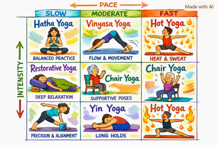 Colorful hand-drawn comparison of Hatha, Vinyasa, restorative, chair, Iyengar, Yin, and hot yoga with clear labels showing pace and intensity.