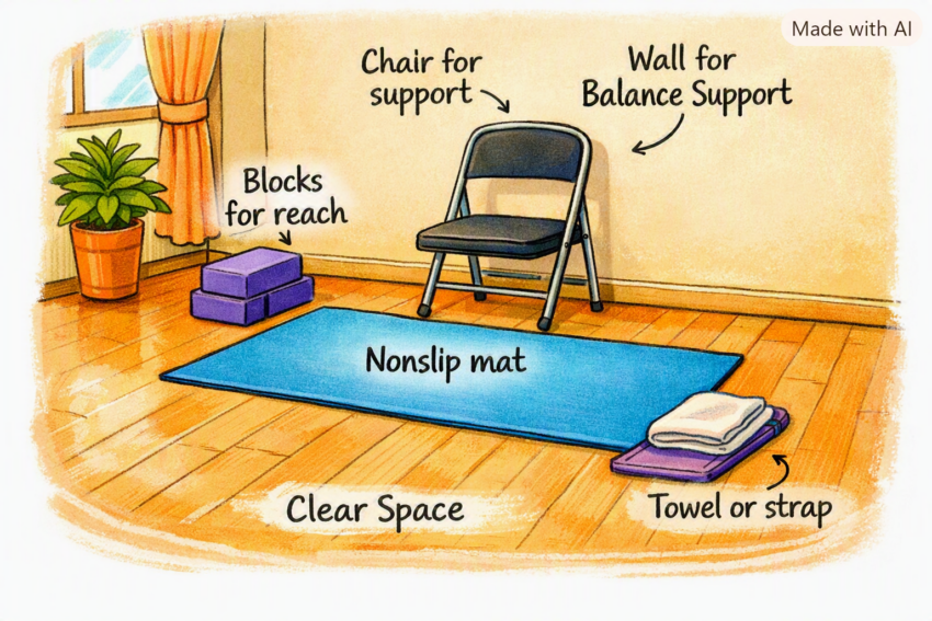 Beginner yoga setup showing a nonslip mat, sturdy chair, wall, two blocks, towel, and clear floor space.