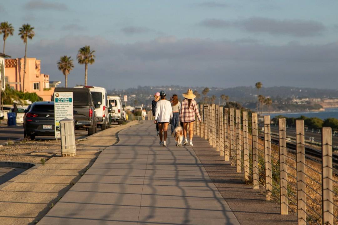 People walking a dog along a coastal path, representing sustainable physical wellness