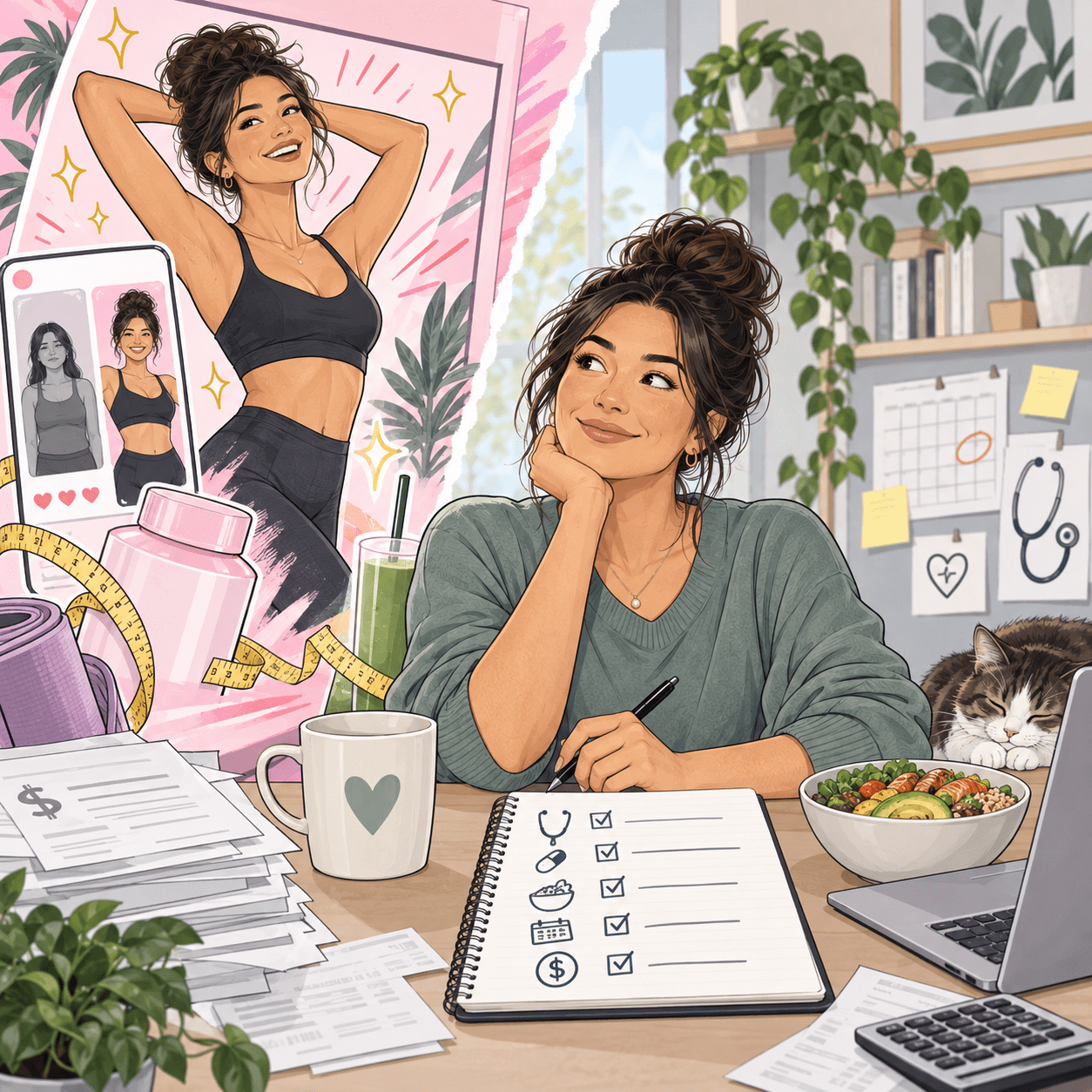 A person compares weight-loss marketing with practical questions about care and cost