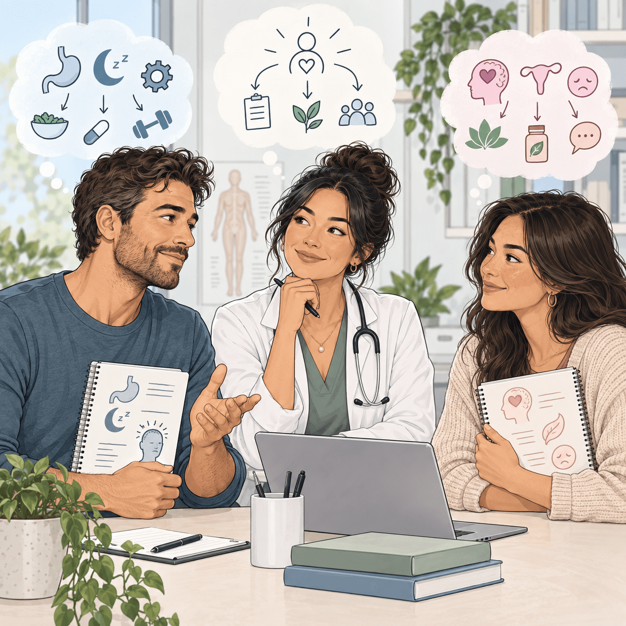 Two adults discuss different treatment experiences with a clinician