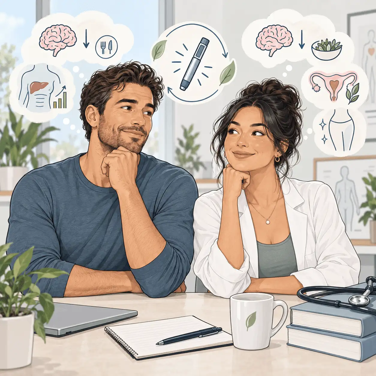 Illustration comparing GLP-1 medication effects and treatment considerations in men and women