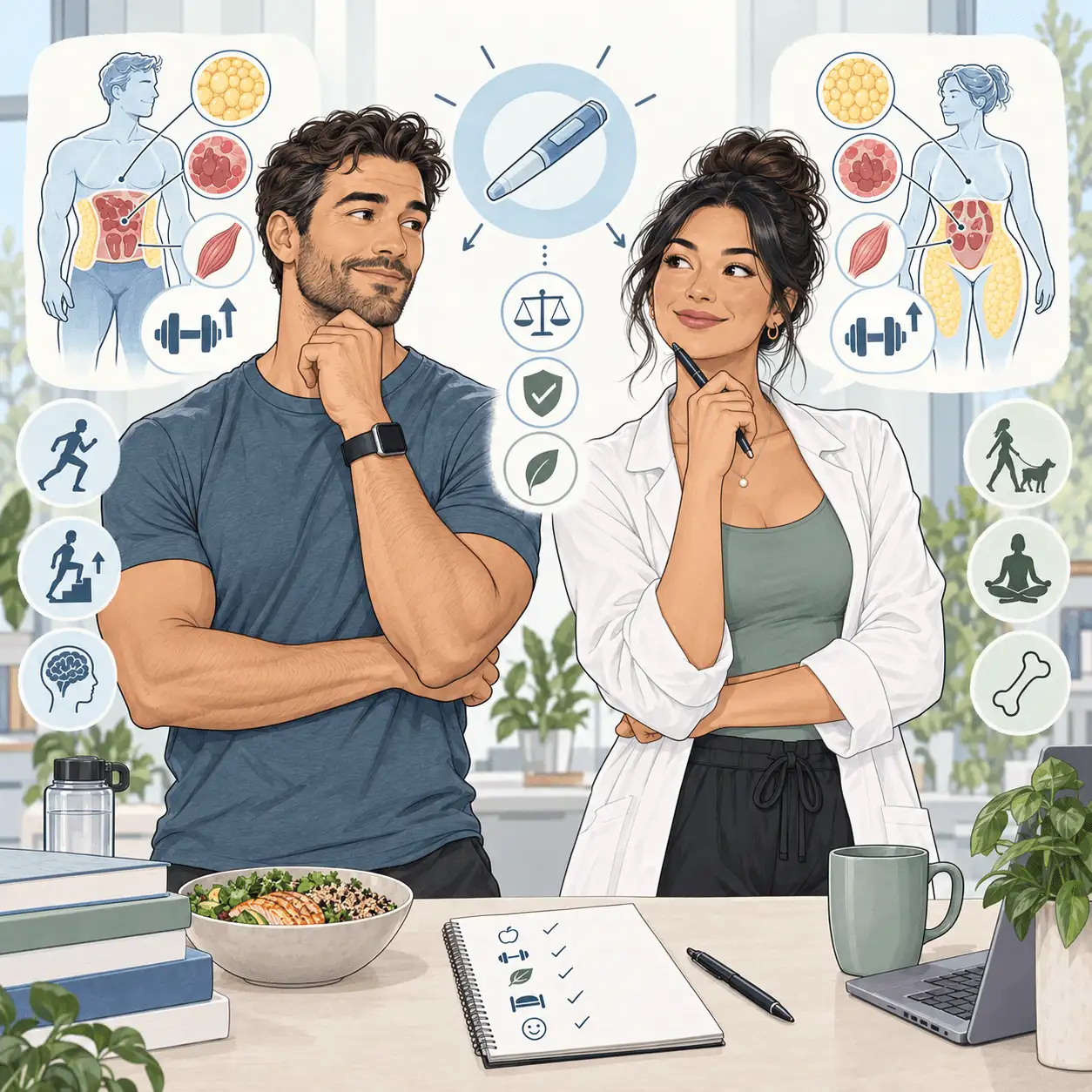 Illustration comparing male and female body composition and GLP-1 treatment considerations