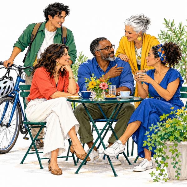 Social wellness illustrated by people connected through friendship, practical help, and shared activities
