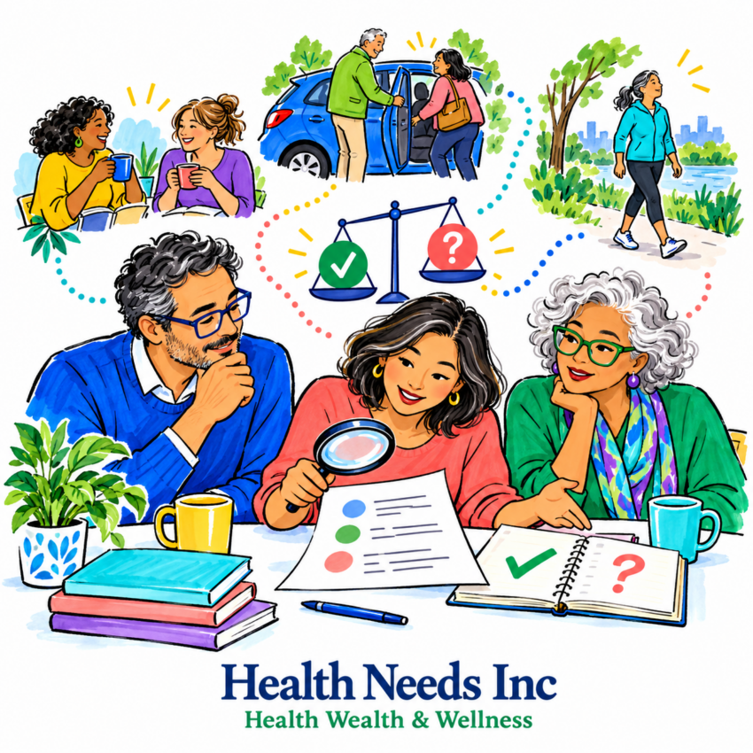 Three adults examine health research, surrounded by scenes of friendship, practical support, and everyday activity, with symbols of evidence and uncertainty