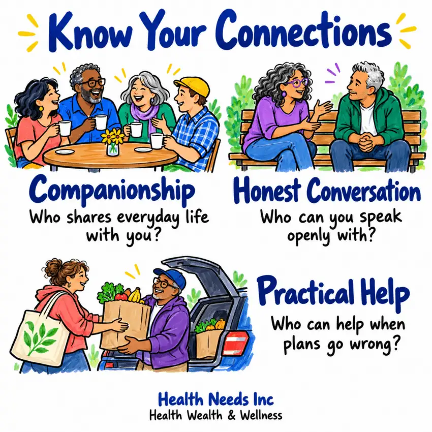 A person mapping trusted contacts for companionship, honest conversation, and practical help.