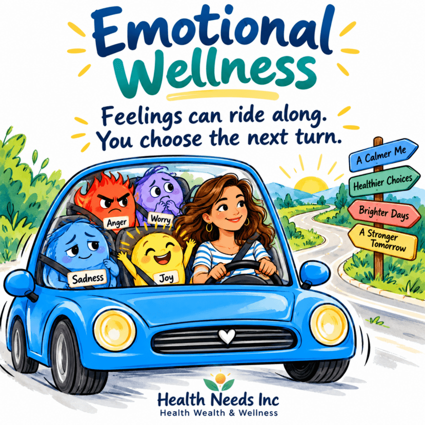 A person steering while feelings ride as passengers, illustrating emotional awareness and deliberate choice.