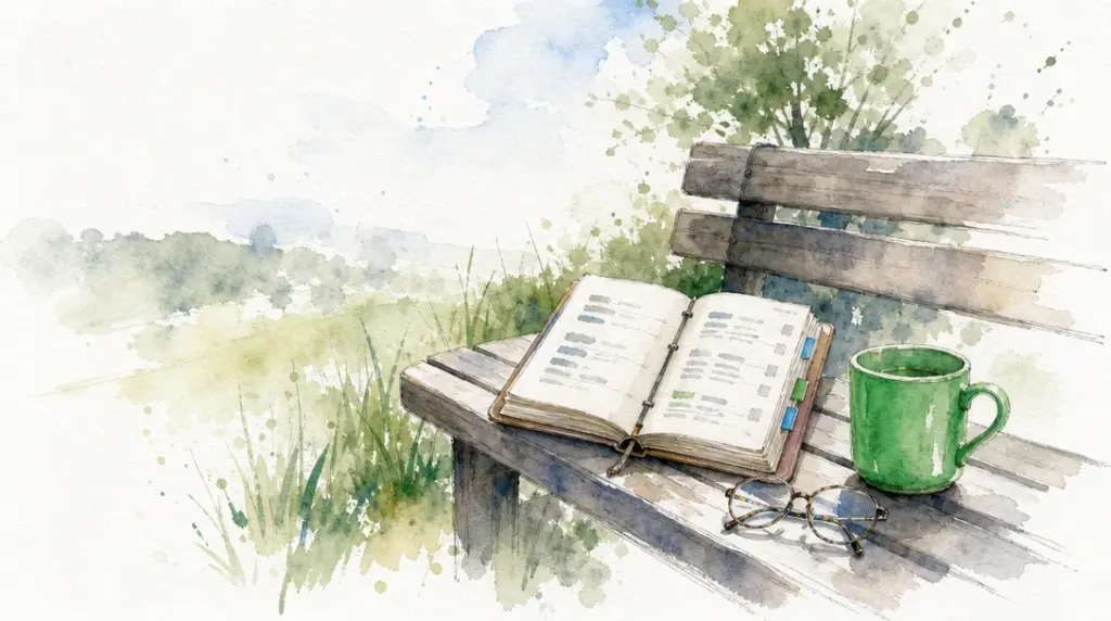 An open notebook, glasses, and a green mug on an outdoor bench.