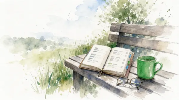 An open notebook, glasses, and a green mug on an outdoor bench.