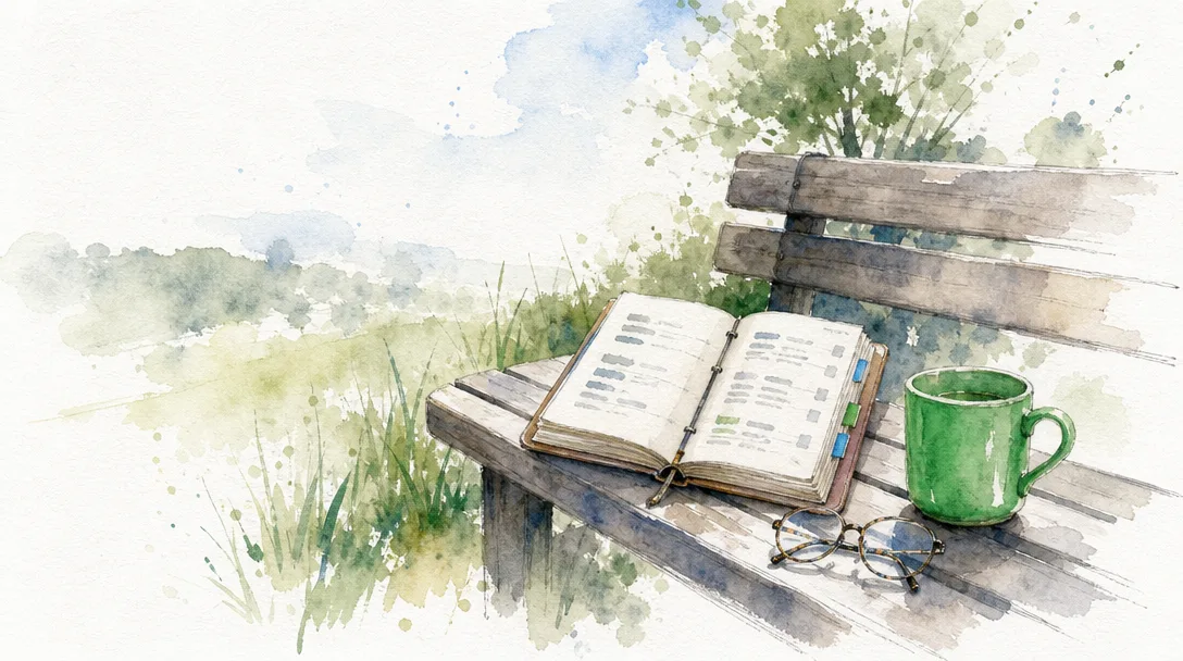 An open notebook, glasses, and a green mug on an outdoor bench.