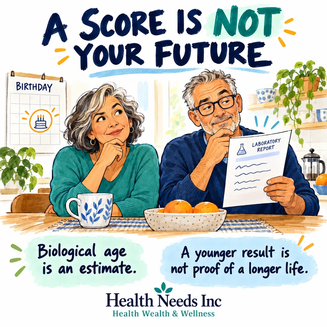 Two adults compare a birthday calendar and laboratory report; a younger biological-age estimate does not prove longer life.