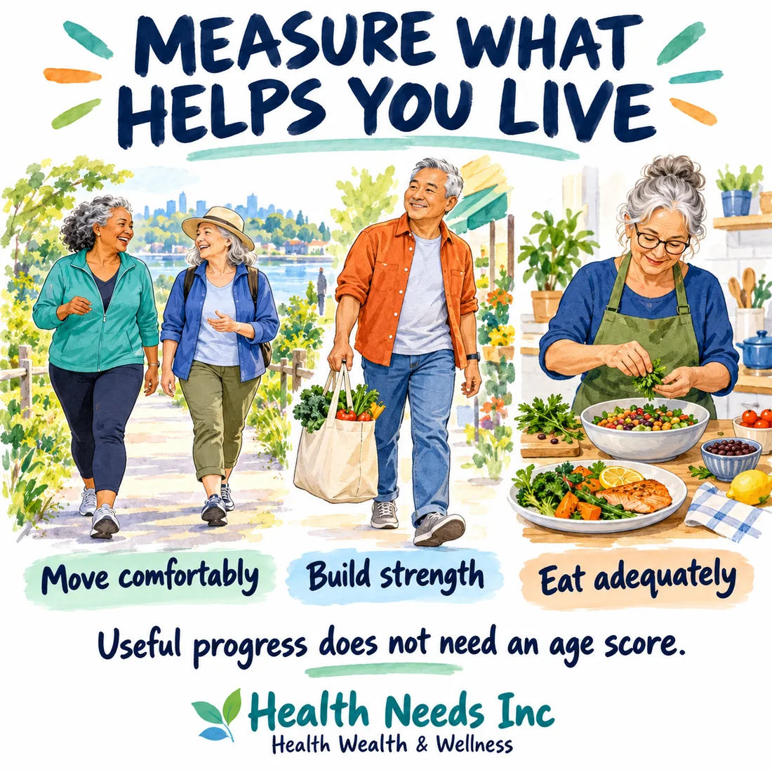 Adults walk together, carry shopping and prepare a balanced meal as examples of useful everyday progress.
