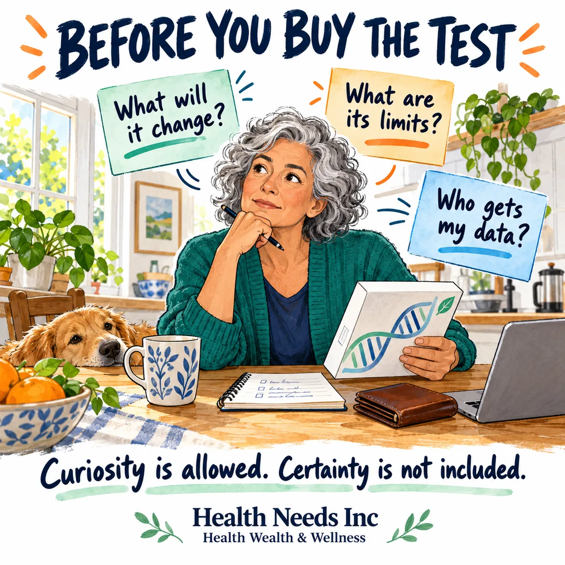 An adult considers what a test would change, its limitations, and who would receive the sample data.