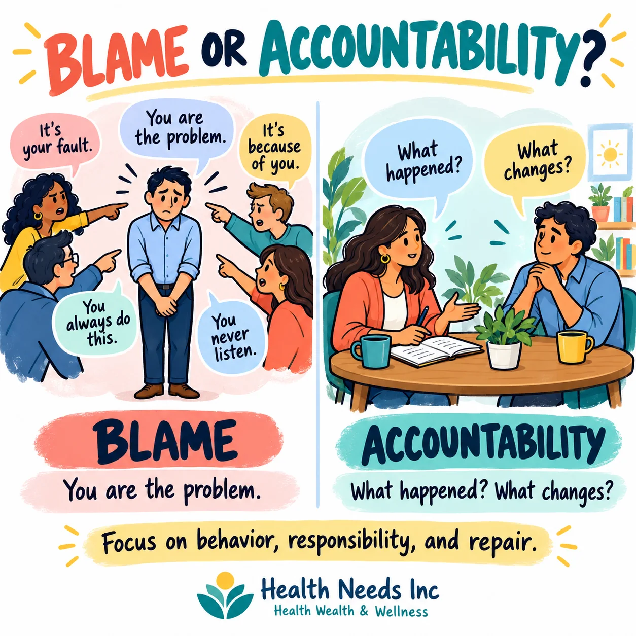 Illustrated comparison: blame says you are the problem; accountability asks what happened and what changes.