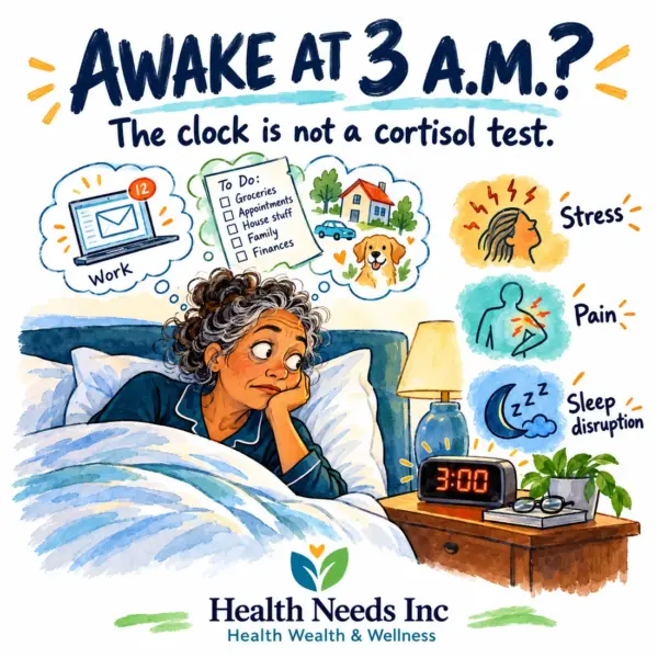 An adult awake at 3 a.m.; stress, pain and sleep disruption show why night waking alone does not diagnose high cortisol.