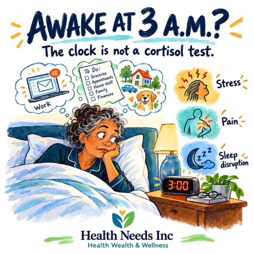 An adult awake at 3 a.m.; stress, pain and sleep disruption show why night waking alone does not diagnose high cortisol.