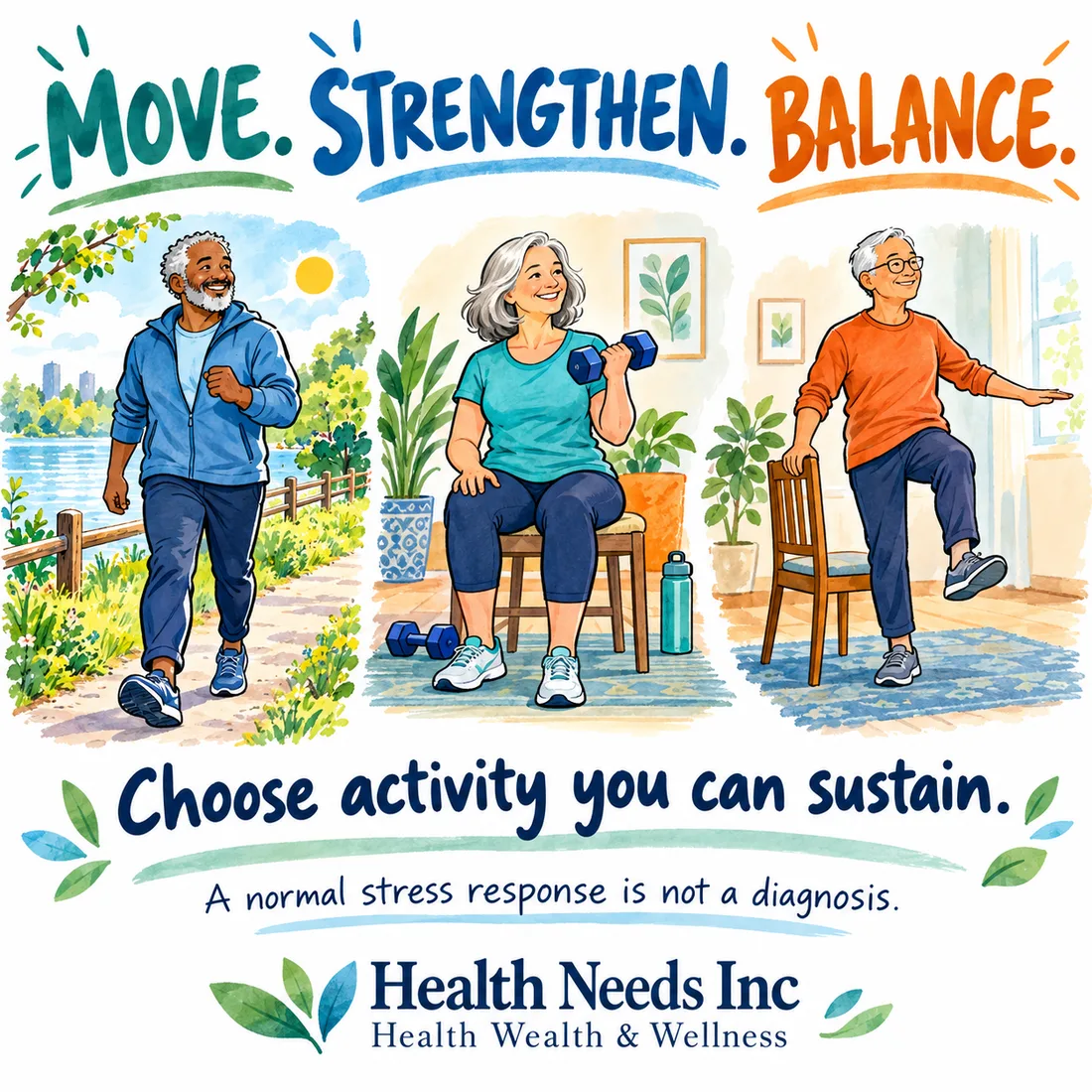 Adults choose walking, adapted strength exercise and supported balance practice according to their abilities.