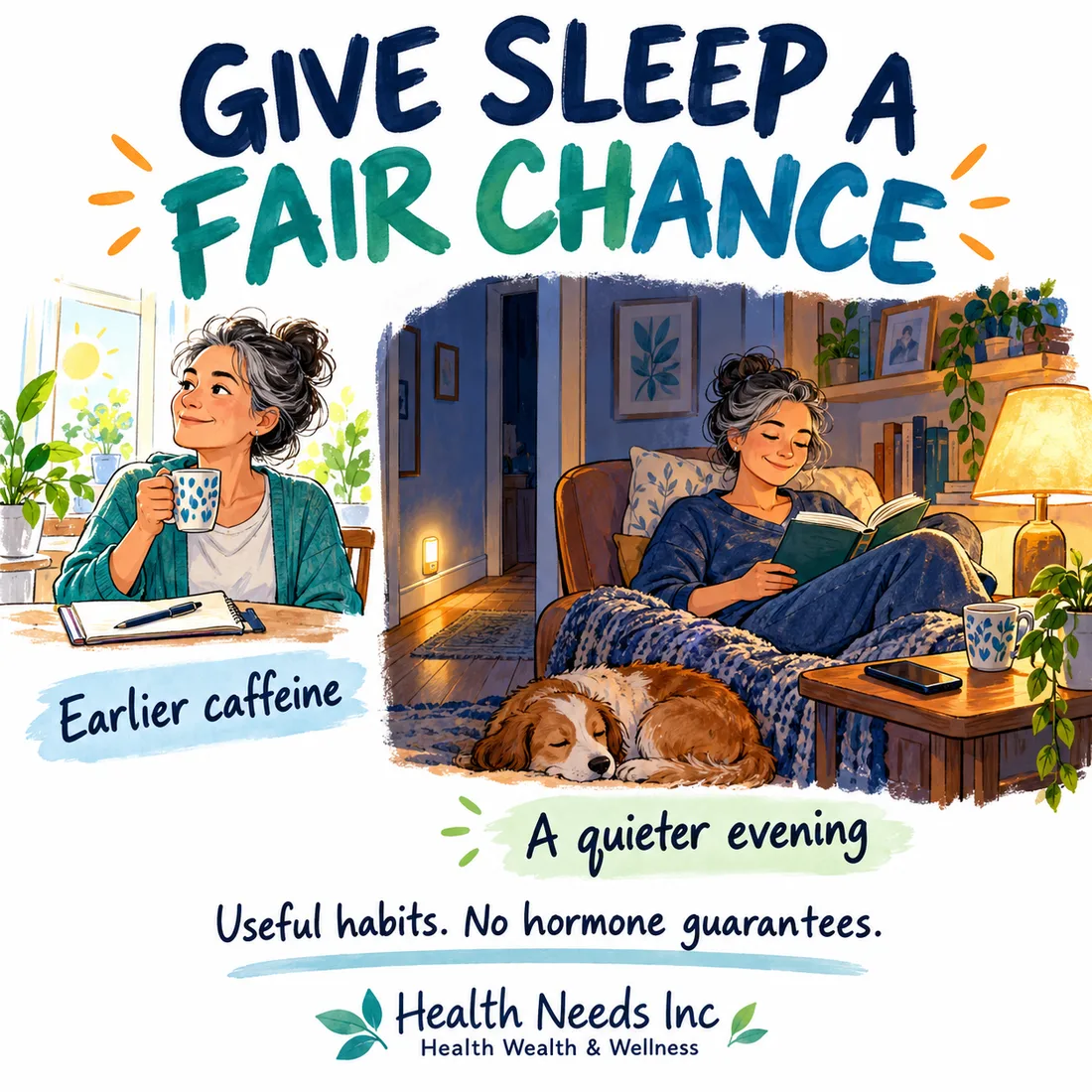 Earlier caffeine and a quieter evening illustrated as useful sleep habits without hormone guarantees.