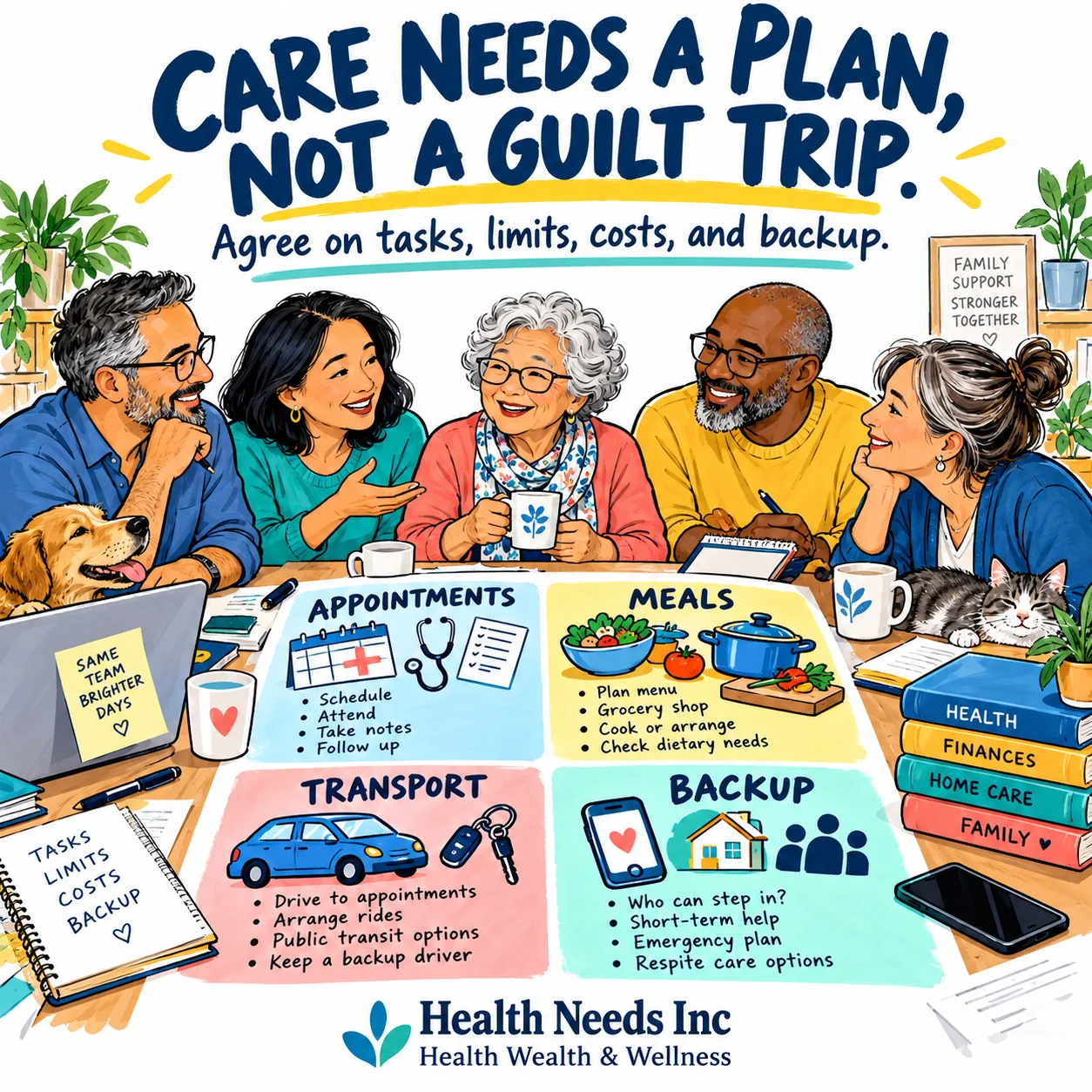 Adults share a family care schedule covering appointments, meals, transport, and backup, with agreed tasks, limits, and costs.