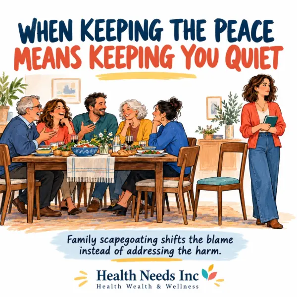 A woman stands beside an empty chair while relatives dine together; the caption explains that scapegoating shifts blame instead of addressing harm.