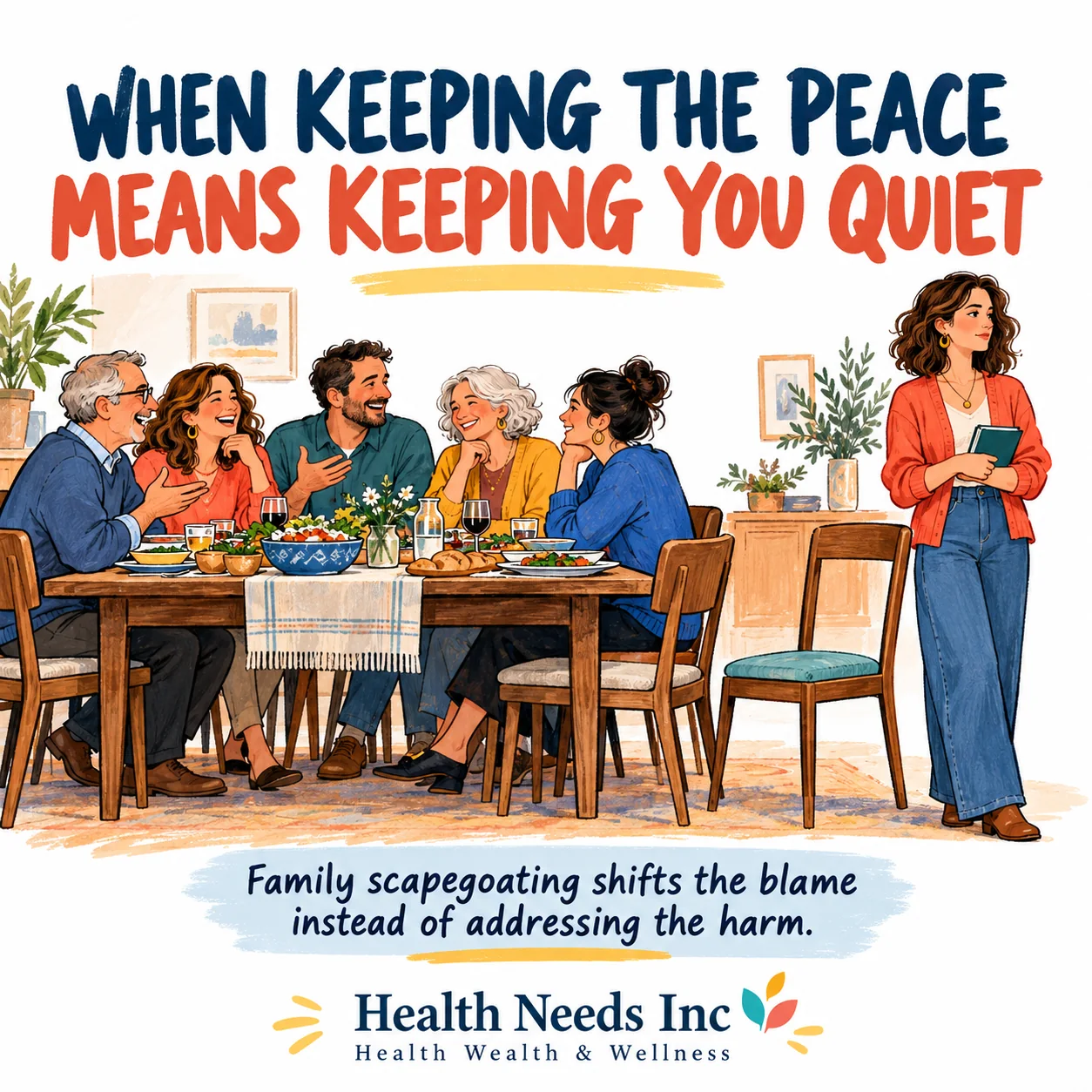 A woman stands beside an empty chair while relatives dine together; the caption explains that scapegoating shifts blame instead of addressing harm.