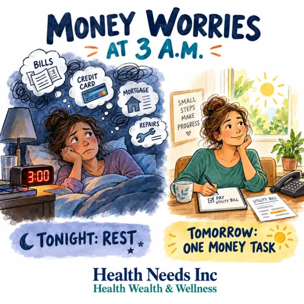 An adult worrying about bills at night sets aside one practical money task for the morning.