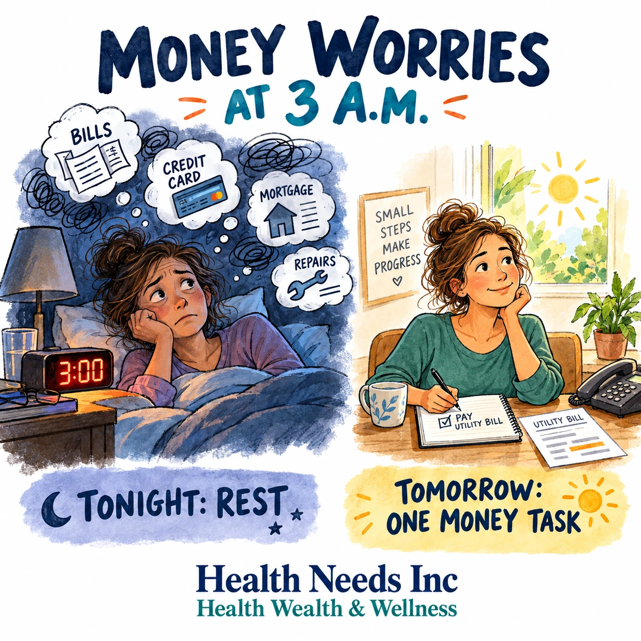 An adult worrying about bills at night sets aside one practical money task for the morning.