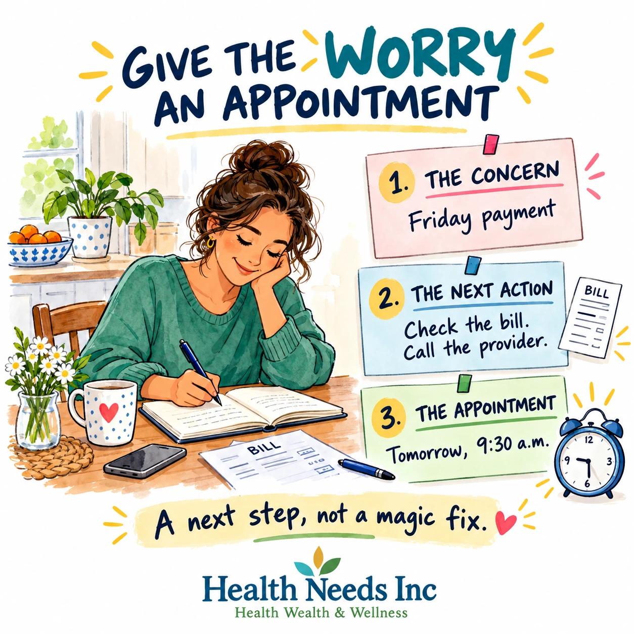 A notebook turns a Friday payment concern into a next action and an appointment tomorrow at 9:30 a.m.