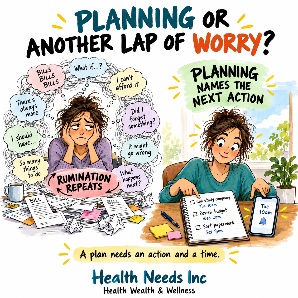 Repeated money worries contrasted with a written plan naming one action and a time.