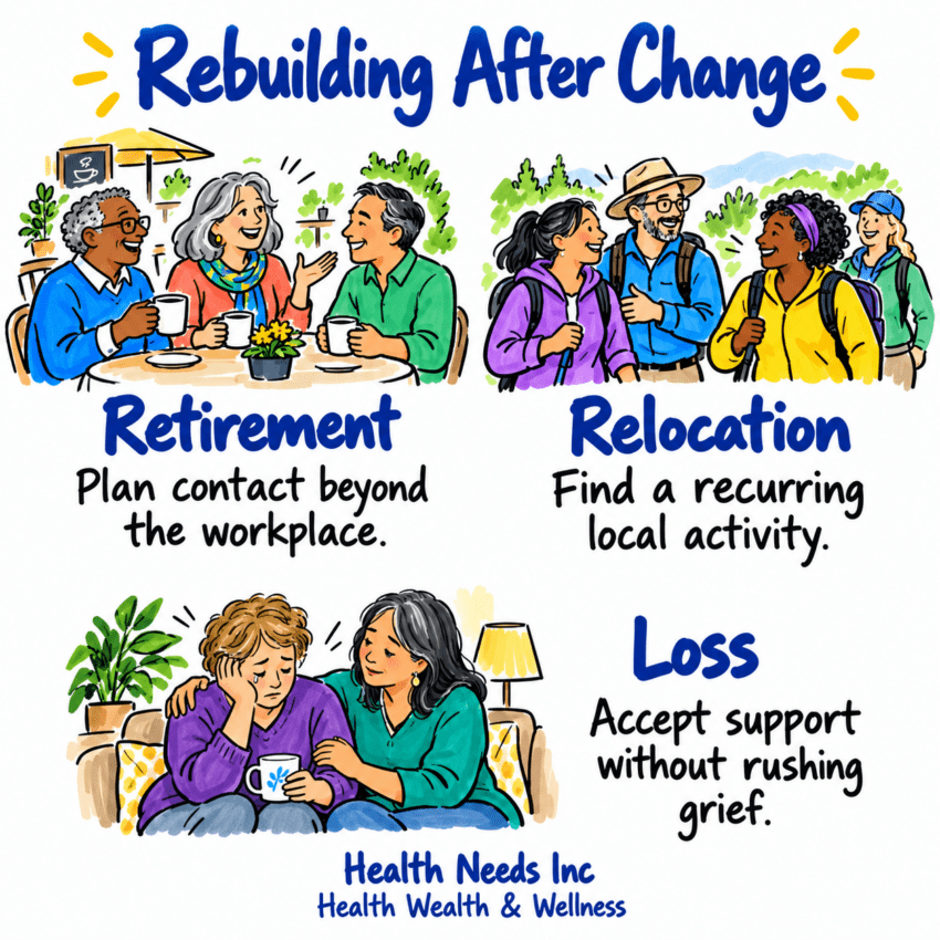 People navigating rebuilding after retirement, relocation, or loss in everyday life.