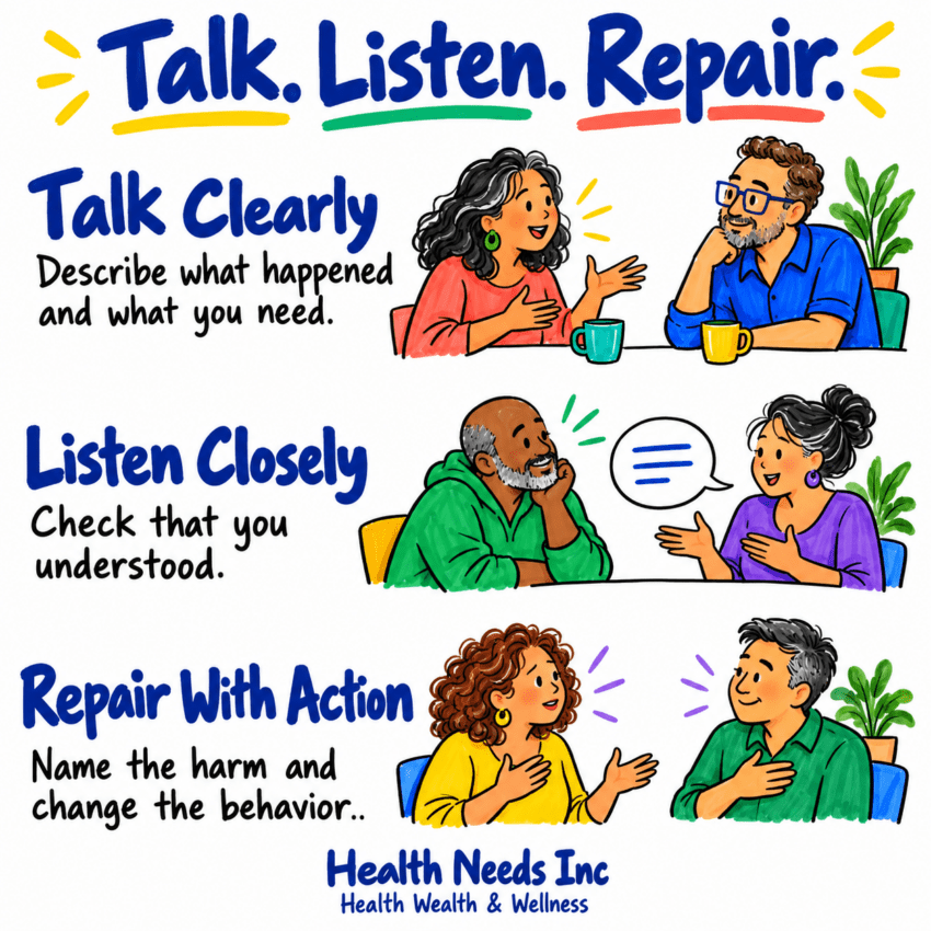 People navigating communication, listening, and repairing conflict in everyday life.